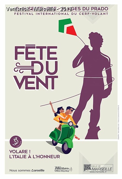 Marseille-2018.jpg - 33ième édition de la Fête du vent de Marseille ! L'Italie est à l'honneur : Volare ! Pour l'occasion le "David" a une ligne à la main !